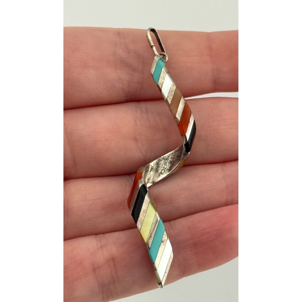 Vintage Shawn Sheyka Zuni Twist Sterling‎ Silver Inlaid Pendant READ